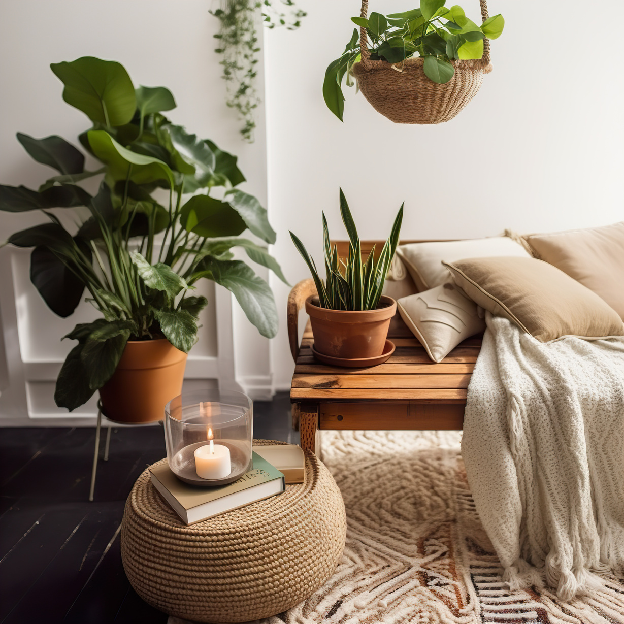 Boho Styled Living Room Interior with Houseplants